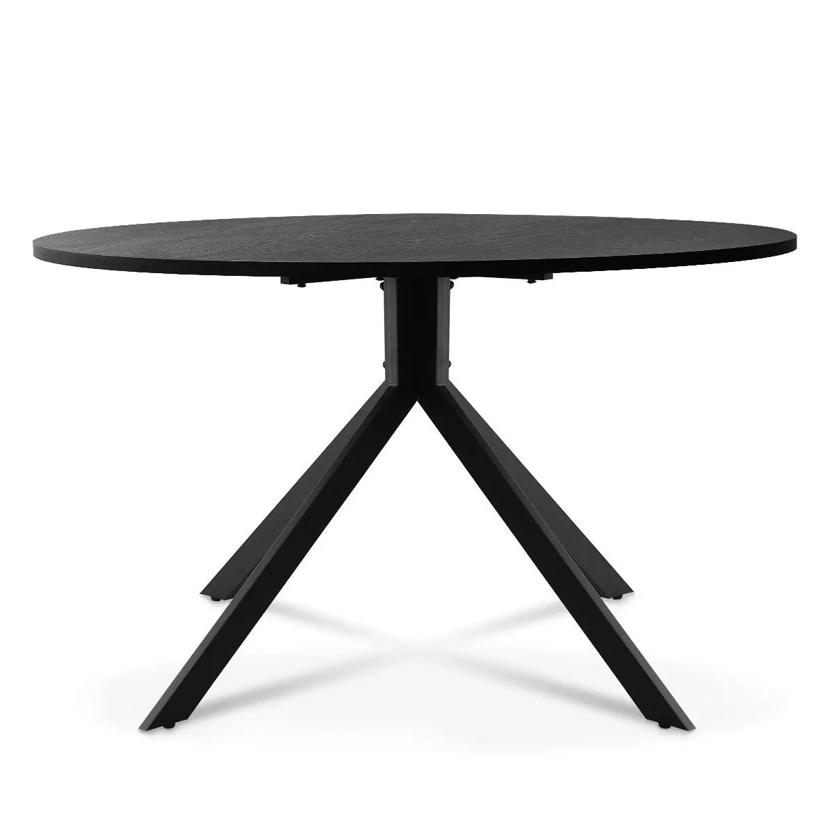 Jones Modern Black Round Dining Table with tripod legs, perfect for contemporary dining spaces.