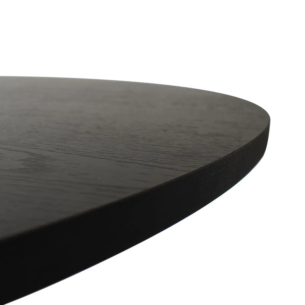Close-up of Jones Modern Black Round Dining Table edge, showcasing sleek design and wood texture.
