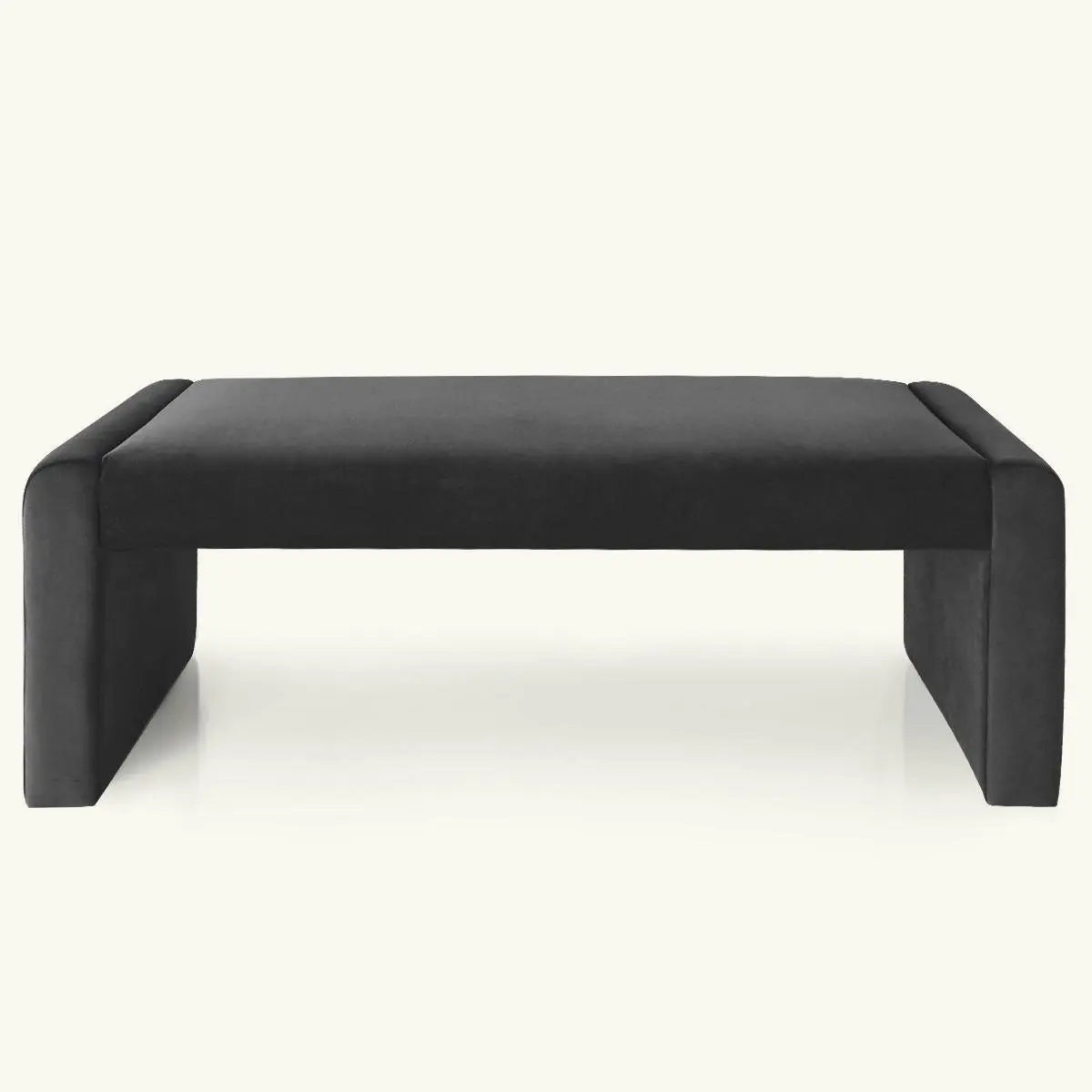 Kaia bench in leather and velvet with waterfall design, ideal for modern living rooms.