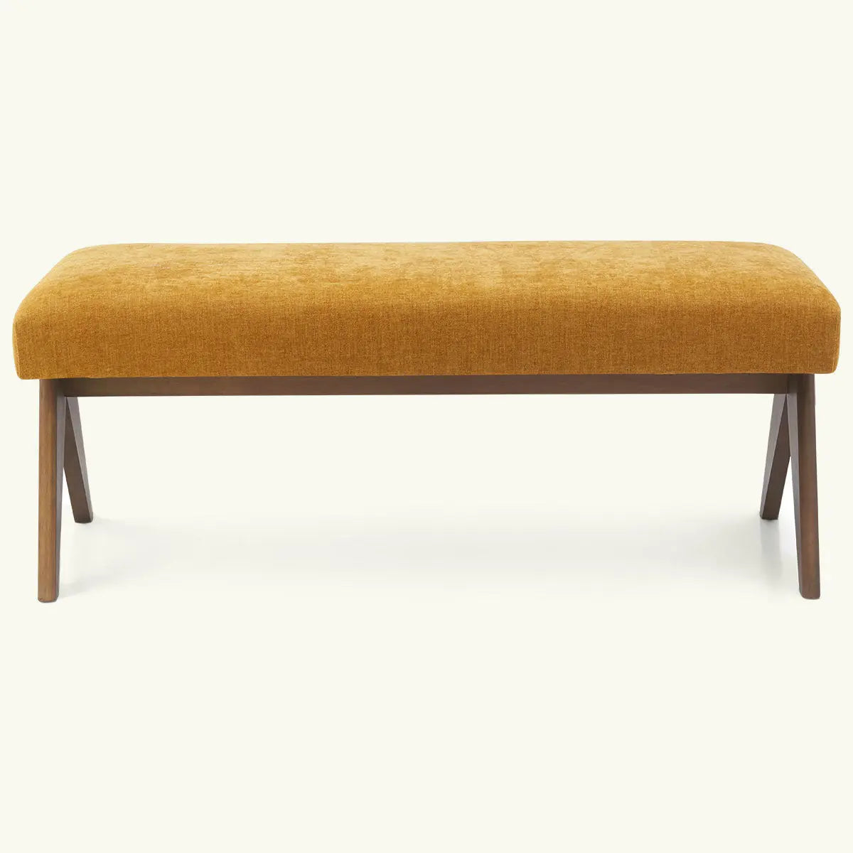 Morgan Mid-Century Upholstered Rectangular Bench, mustard cushion, wood legs, home seating furniture.