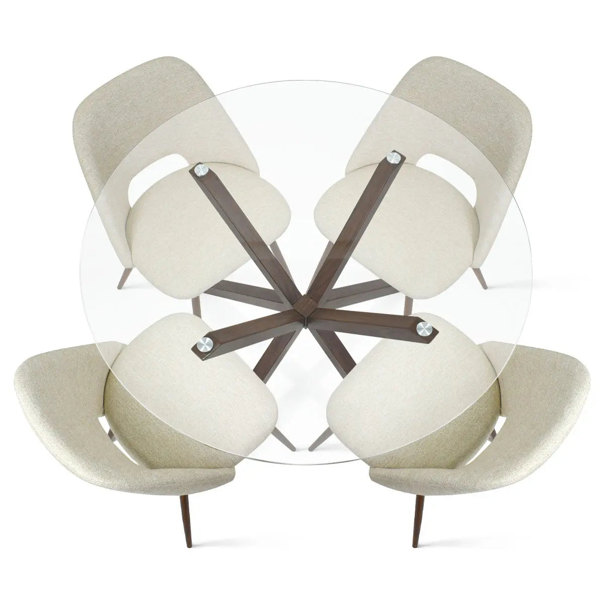 Oliver & Edwin Modern Round Glass Top Dining Table Set with beige chairs and wood base.