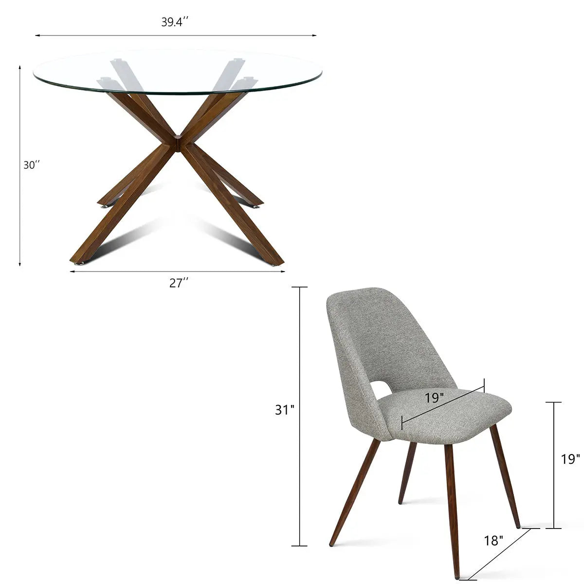 Oliver & Edwin glass top dining table set dimensions, gray chair, wooden legs, modern style.