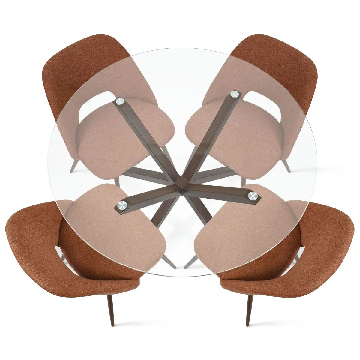 Oliver & Edwin glass top dining table set with brown chairs, modern design.