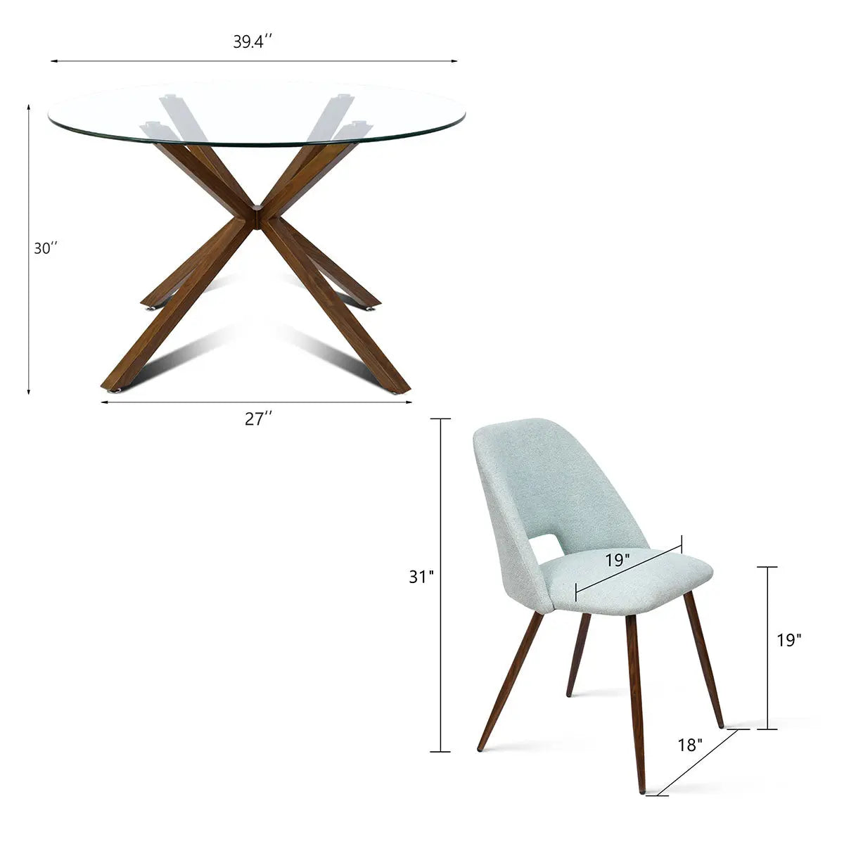Oliver & Edwin modern round glass dining table set with light blue chair and dimensions shown.