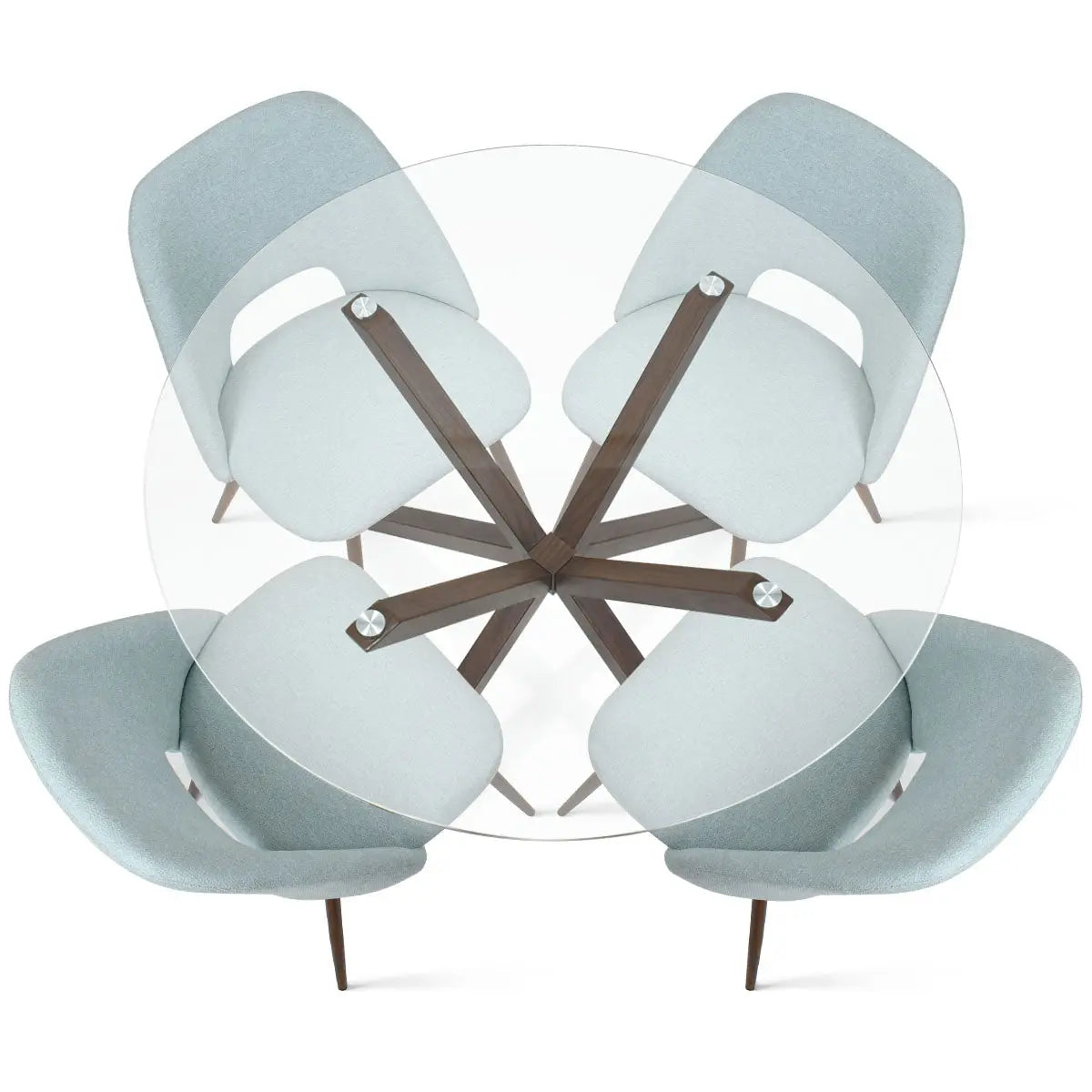 Oliver & Edwin glass-top dining table set with four modern upholstered chairs, round design.