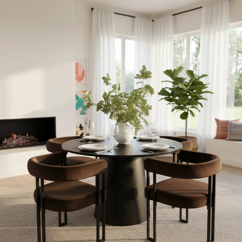 Dwen & Mia 46" Round Black & Velvet Dining Table Set for 4 (5-Piece)