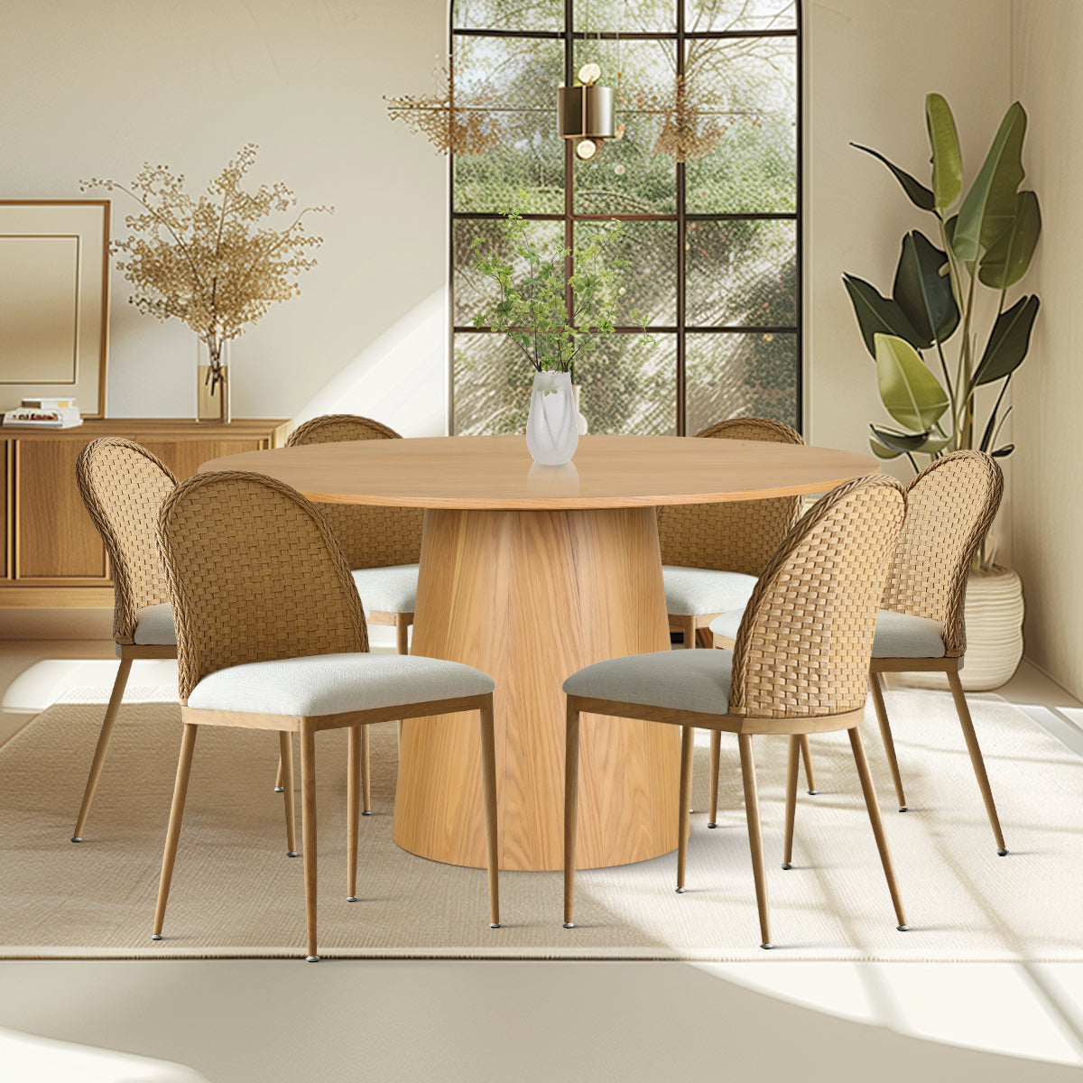 Orchid & Barcelona 52" Solid Oak Round Dining Table Set for 6 (7-Piece)