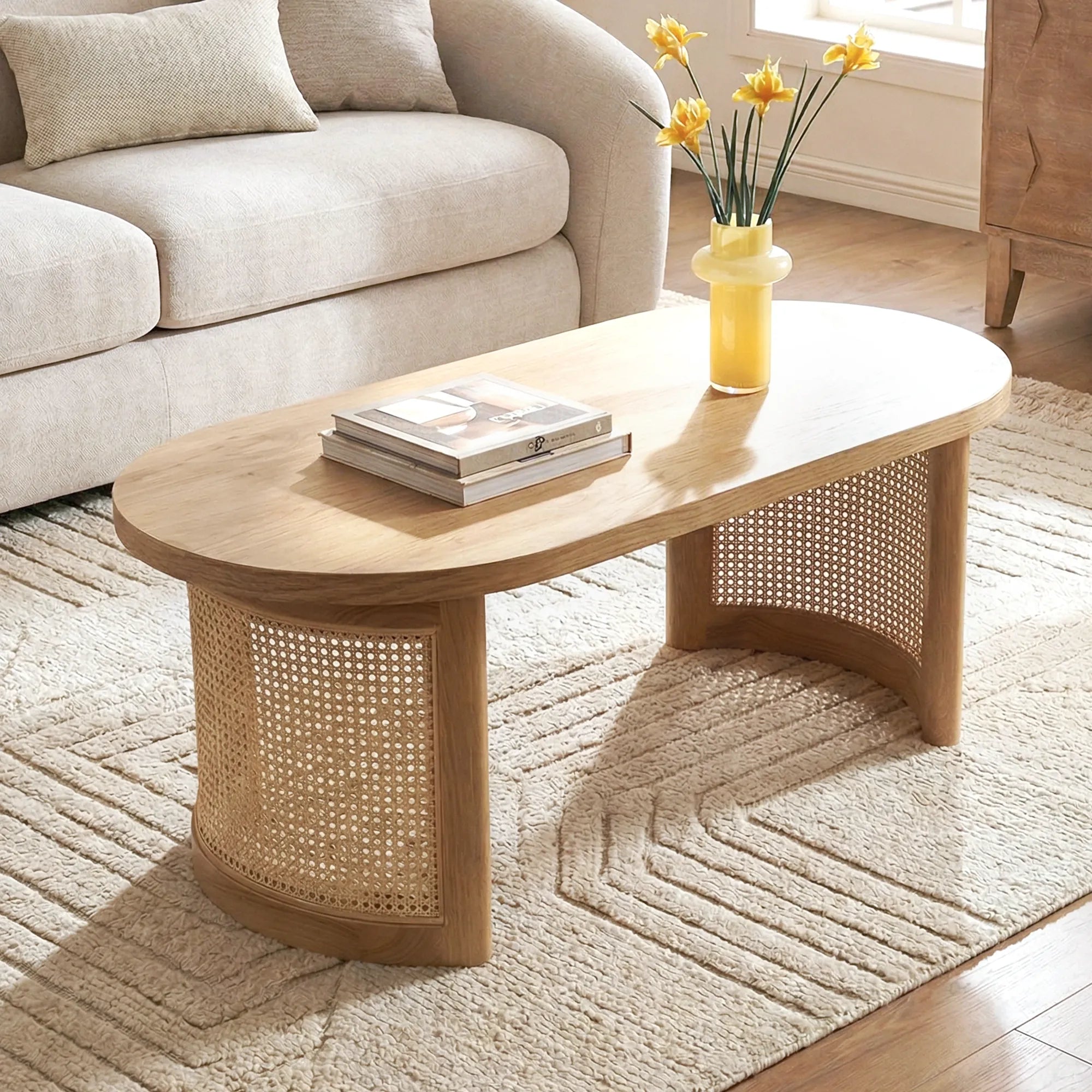Aodai 48" Oak Wood & Rattan Oval Coffee Table