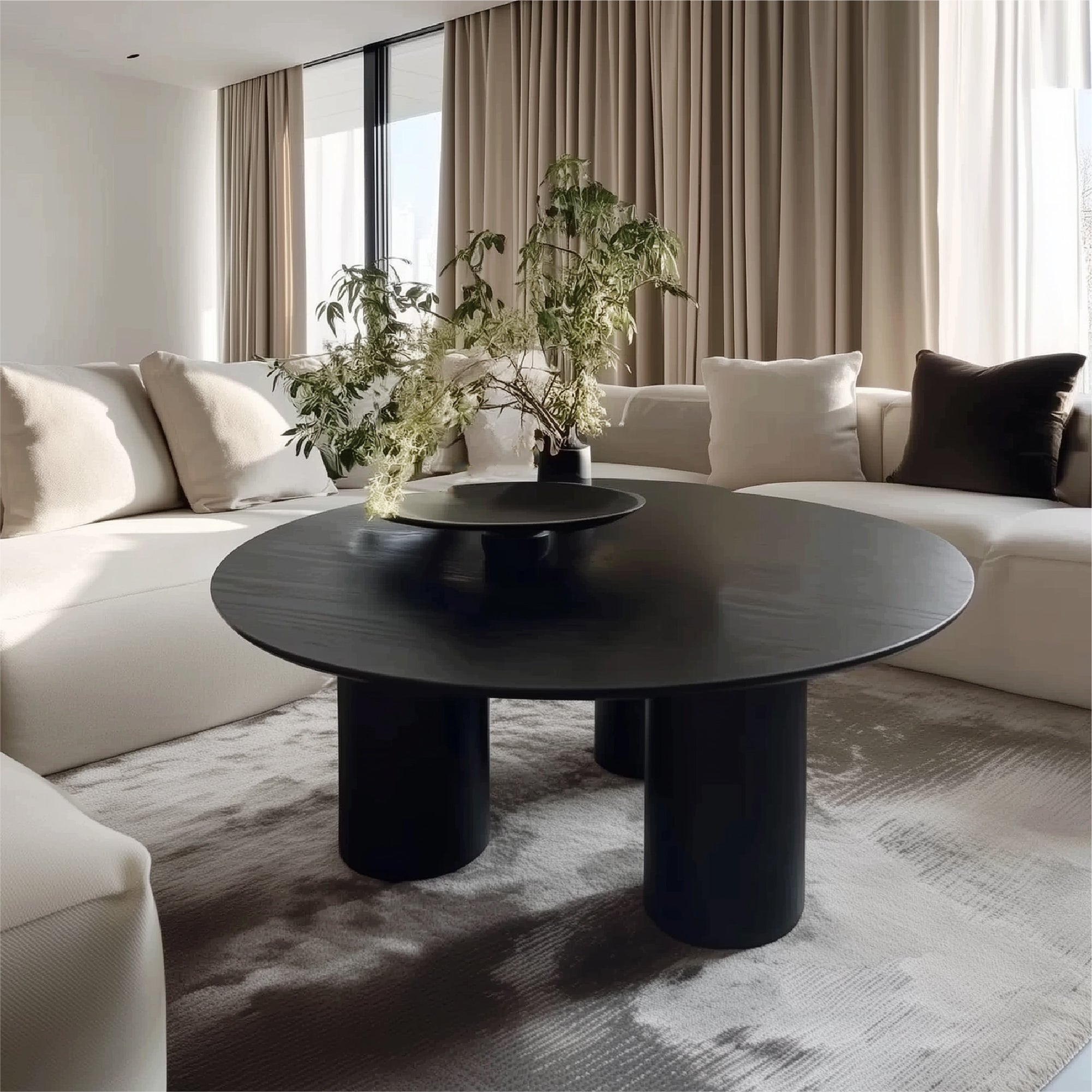 Baguette 40" Modern Black Oak Wood 3-Leg Round Coffee Table