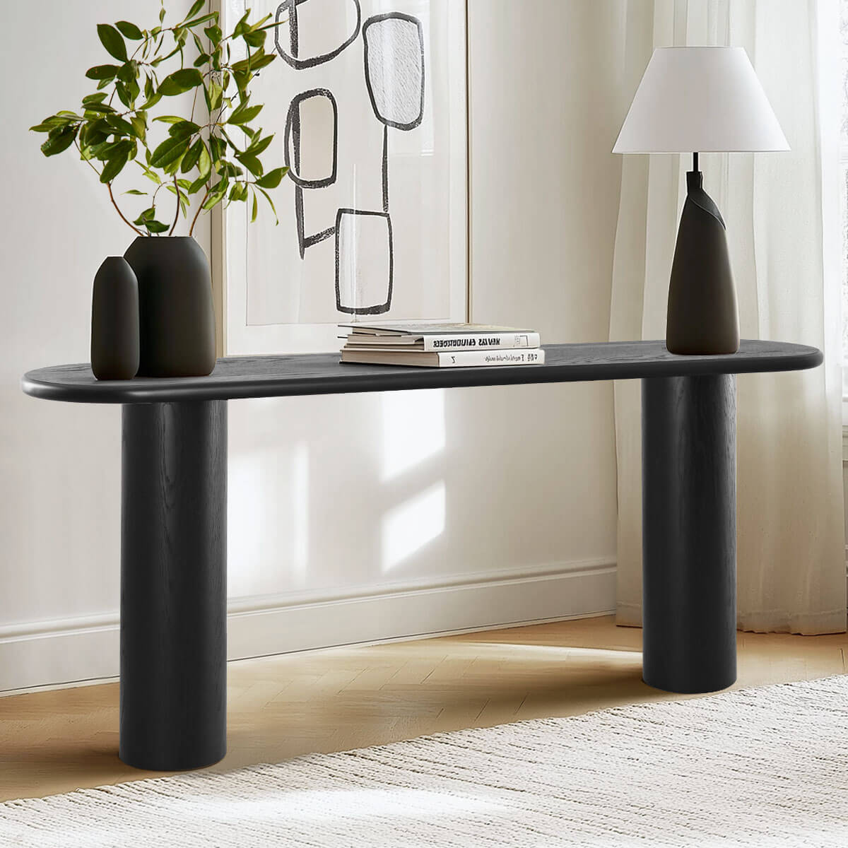 Baguette 70" Oval Black Solid Wood Console Table
