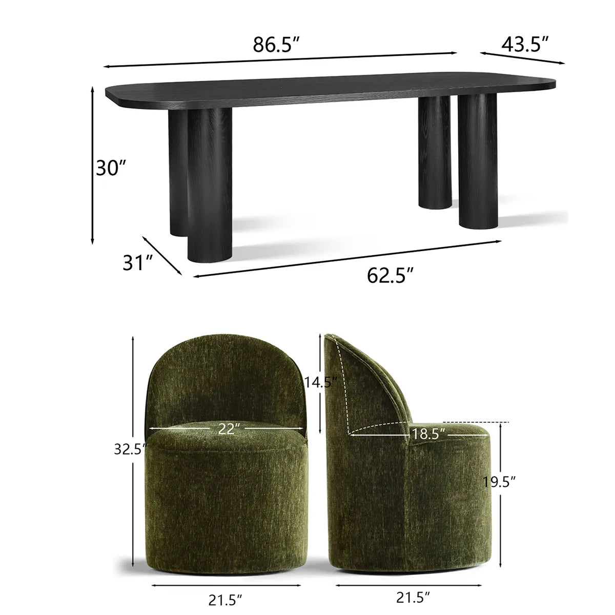 Baguette & Doris 86.5" Black Rectangle Dining Table Set for 8 (9-Piece)