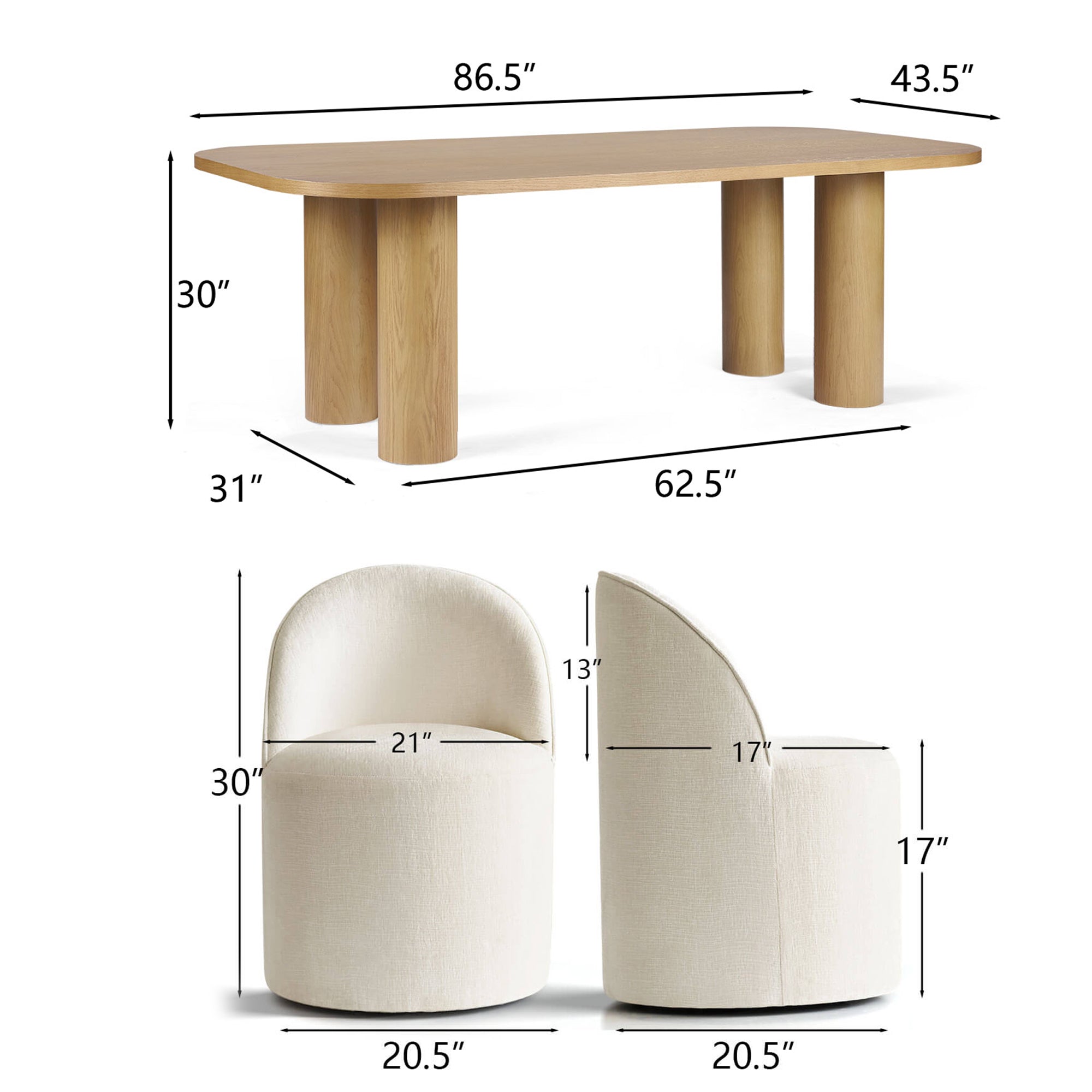 Baguette & Doris 86.5" Natural Rectangle Dining Table Set for 8 (9-Piece)