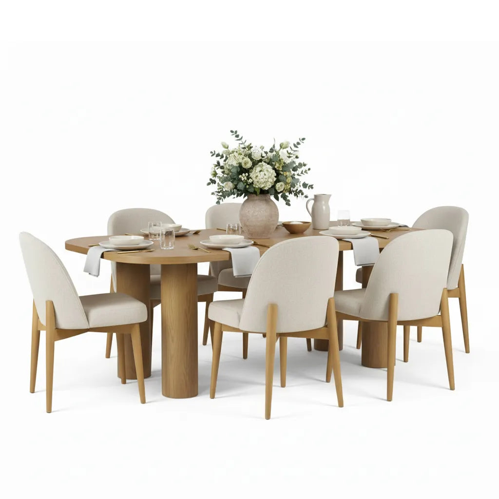 Baguette & Havana 86.5″ Rectangular Solid Oak Dining Table Set for 6 (7-Piece)