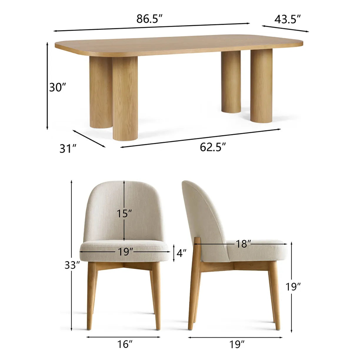 Baguette & Havana 86.5″ Rectangular Solid Oak Dining Table Set for 6 (7-Piece)