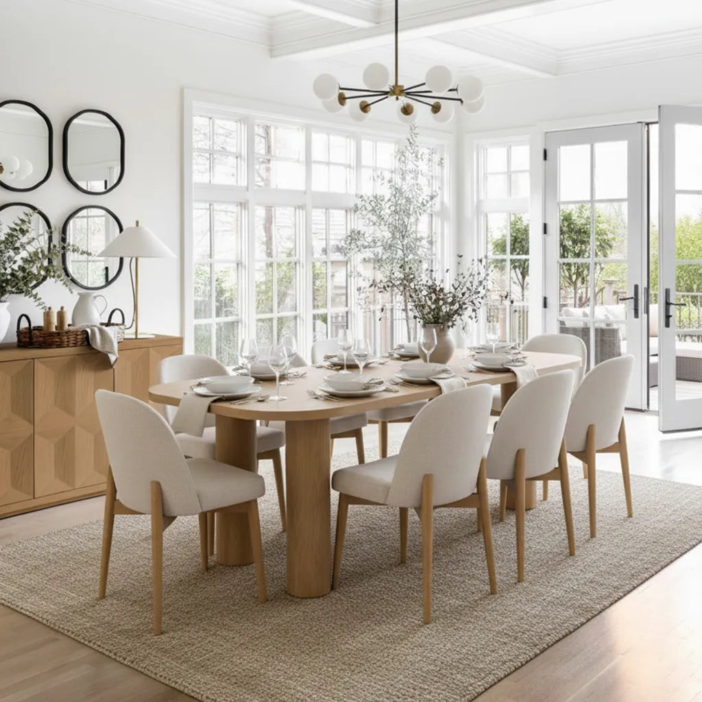 Baguette & Havana 86.5″ Rectangular Solid Oak Dining Table Set for 8 (9-Piece)