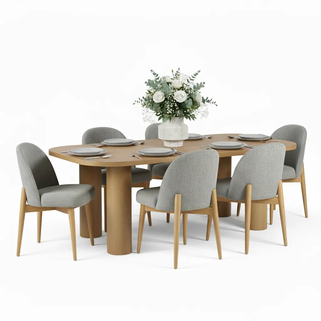 Baguette & Havana 86.5″ Rectangular Solid Oak Dining Table Set for 6 (7-Piece)