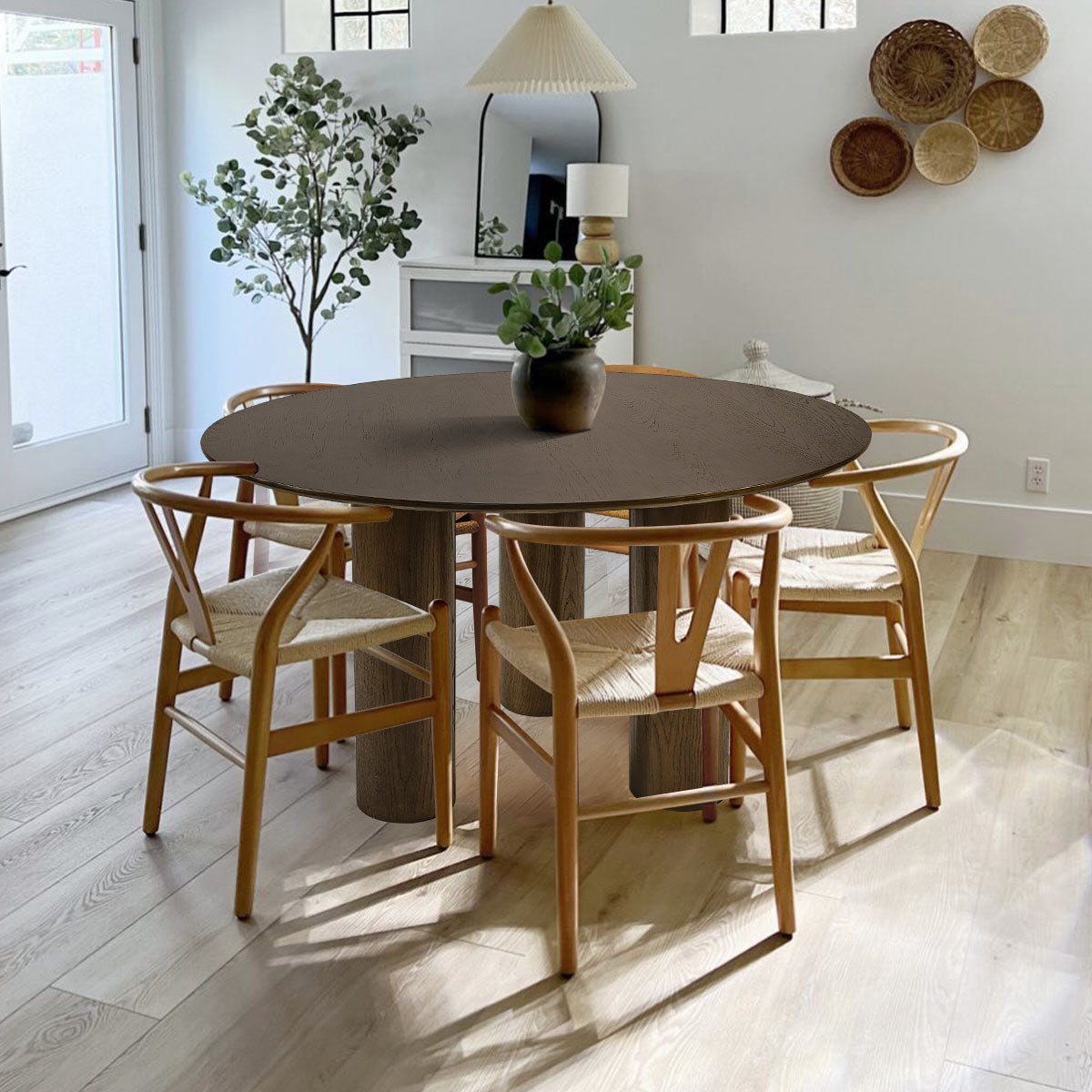 Baguette 52" Modern Oak Wood 3-Leg Round Dining Table