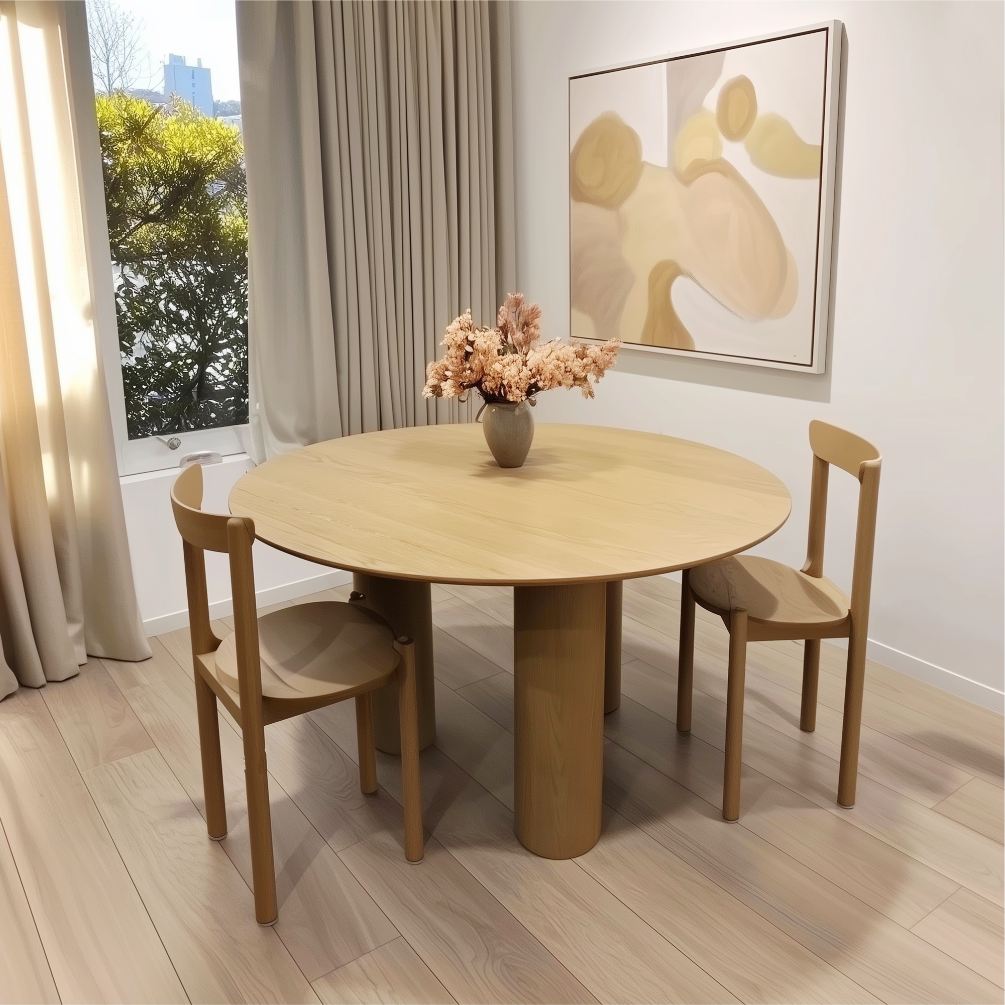 Baguette 52" Modern Oak Wood 3-Leg Round Dining Table