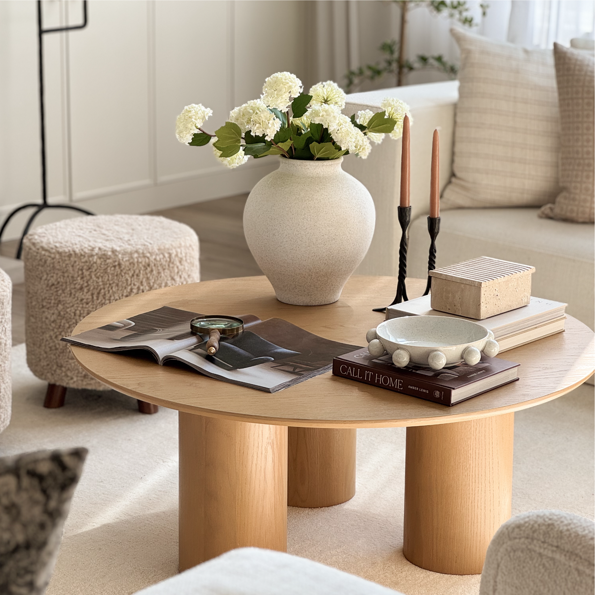 Baguette 40" Modern Black Oak Wood 3-Leg Round Coffee Table