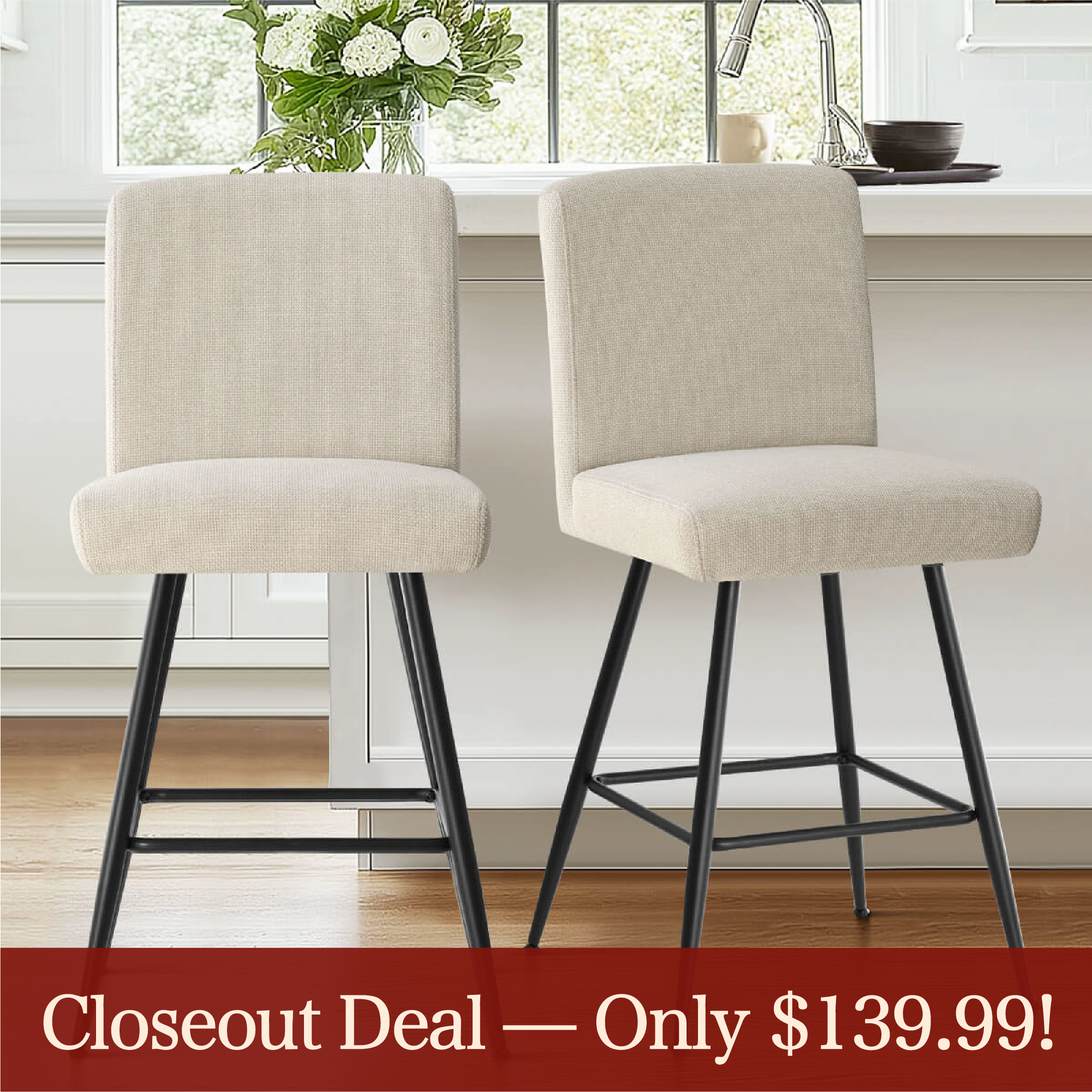 [Closeout-Only 139.99$]Biles Modern Upholstered Counter Stool (Set of 2)