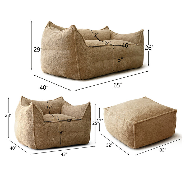 Teddy Fabric Bean Bag Chair Living Room Set of 3 Beige Brown