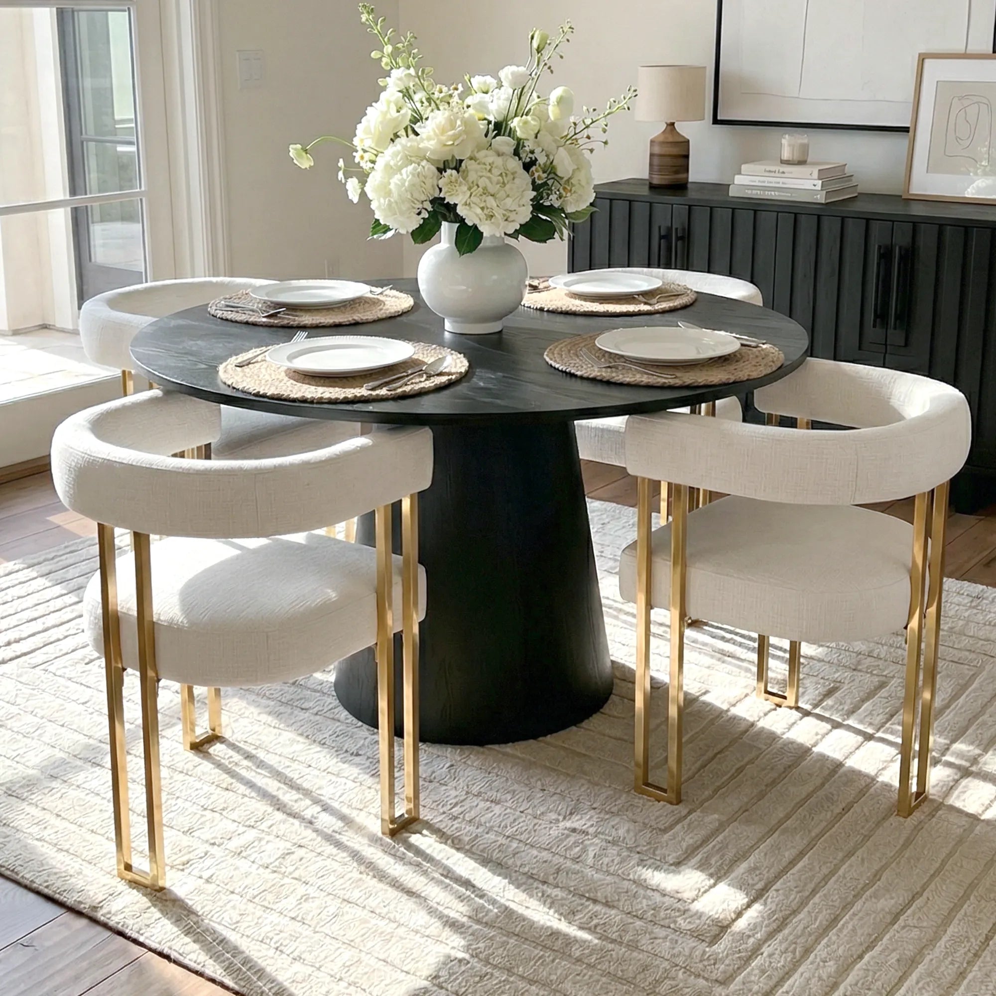 Dwen & Mia 46" Round Chenille Dining Table Set for 4 (5-Piece)