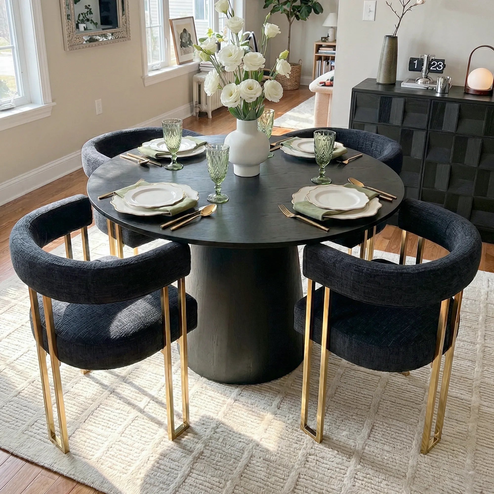 Dwen & Mia 46" Round Chenille Dining Table Set for 4 (5-Piece)