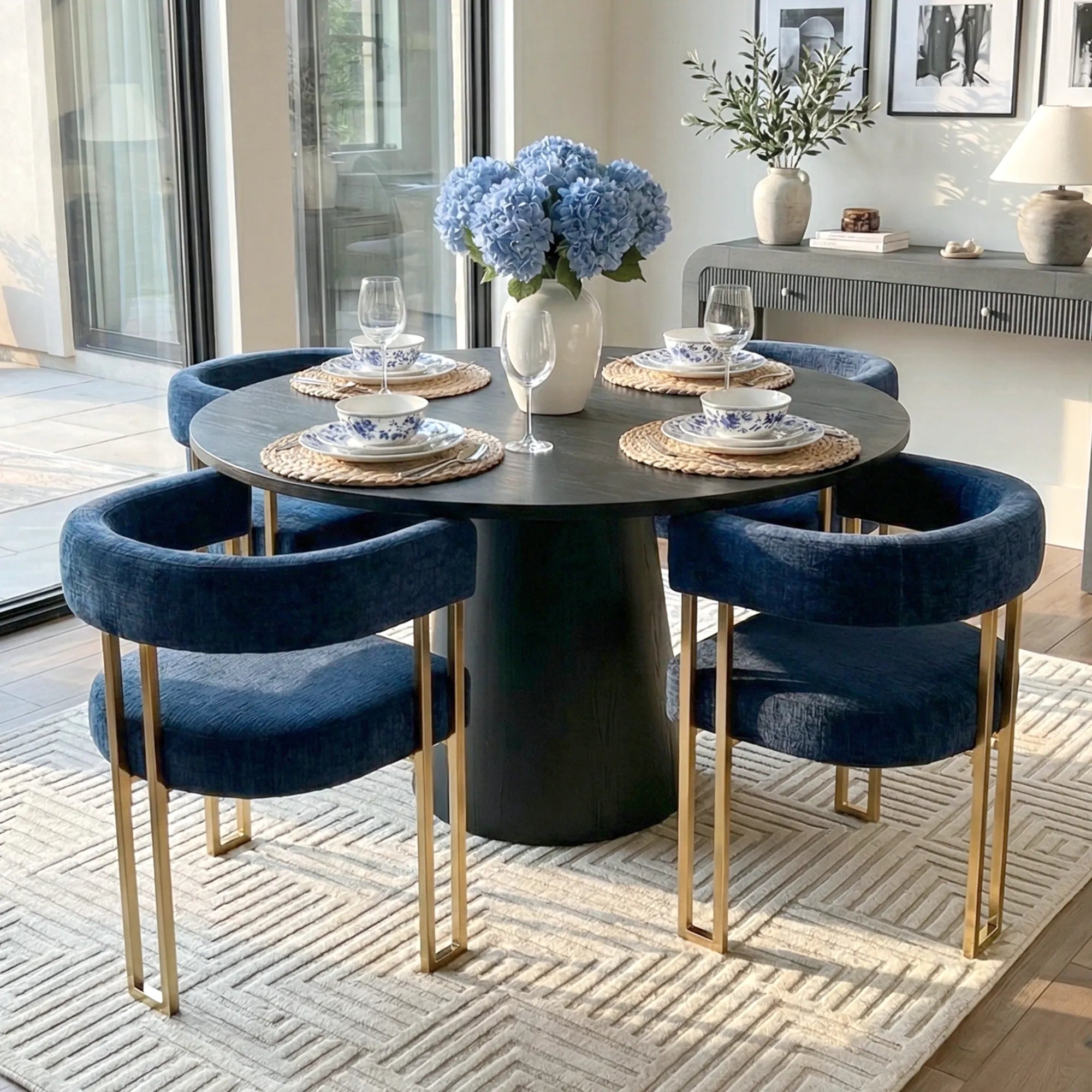 Dwen & Mia 46" Round Chenille Dining Table Set for 4 (5-Piece)