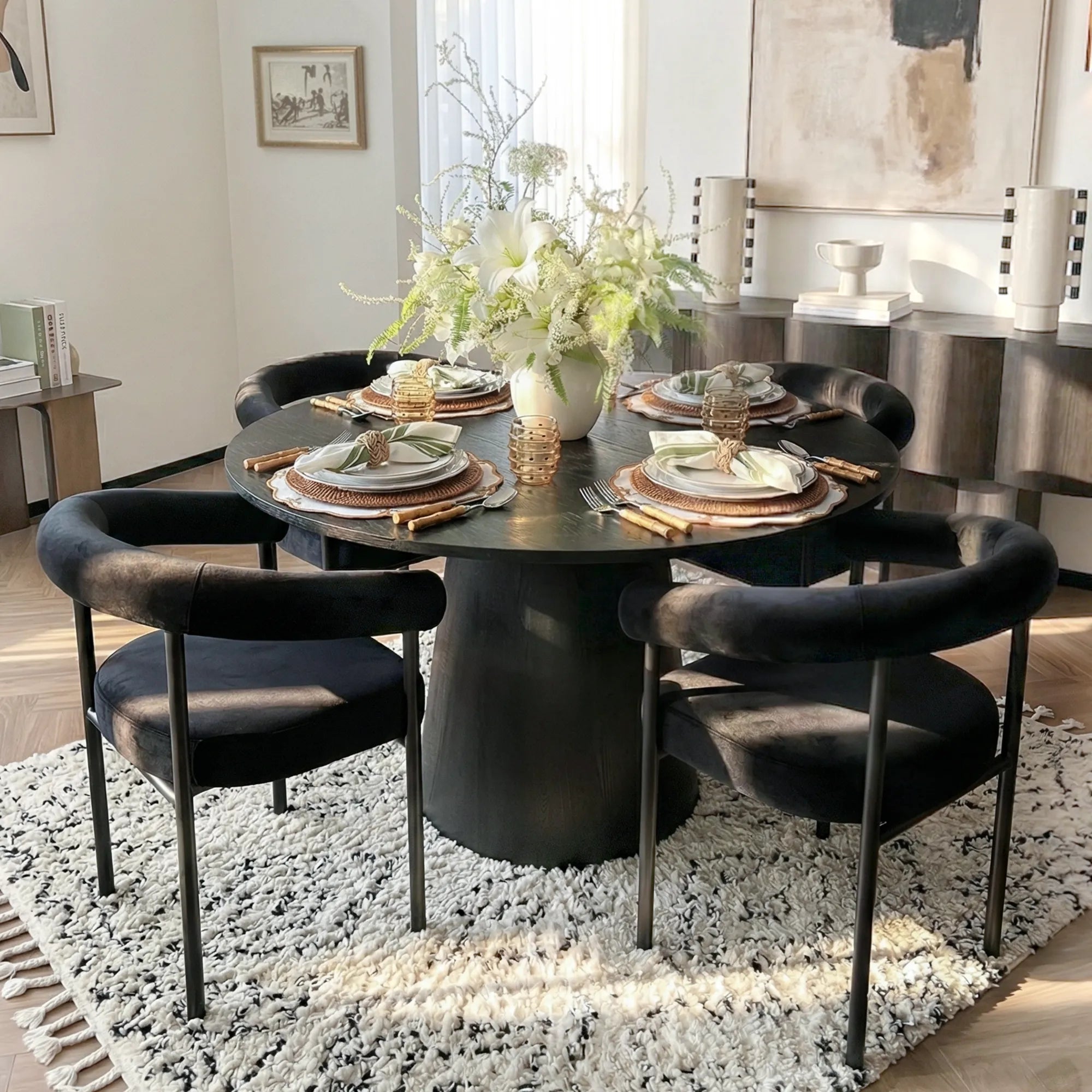 Dwen & New York 46" Round Black & Velvet Dining Table Set for 4 (5-Piece)