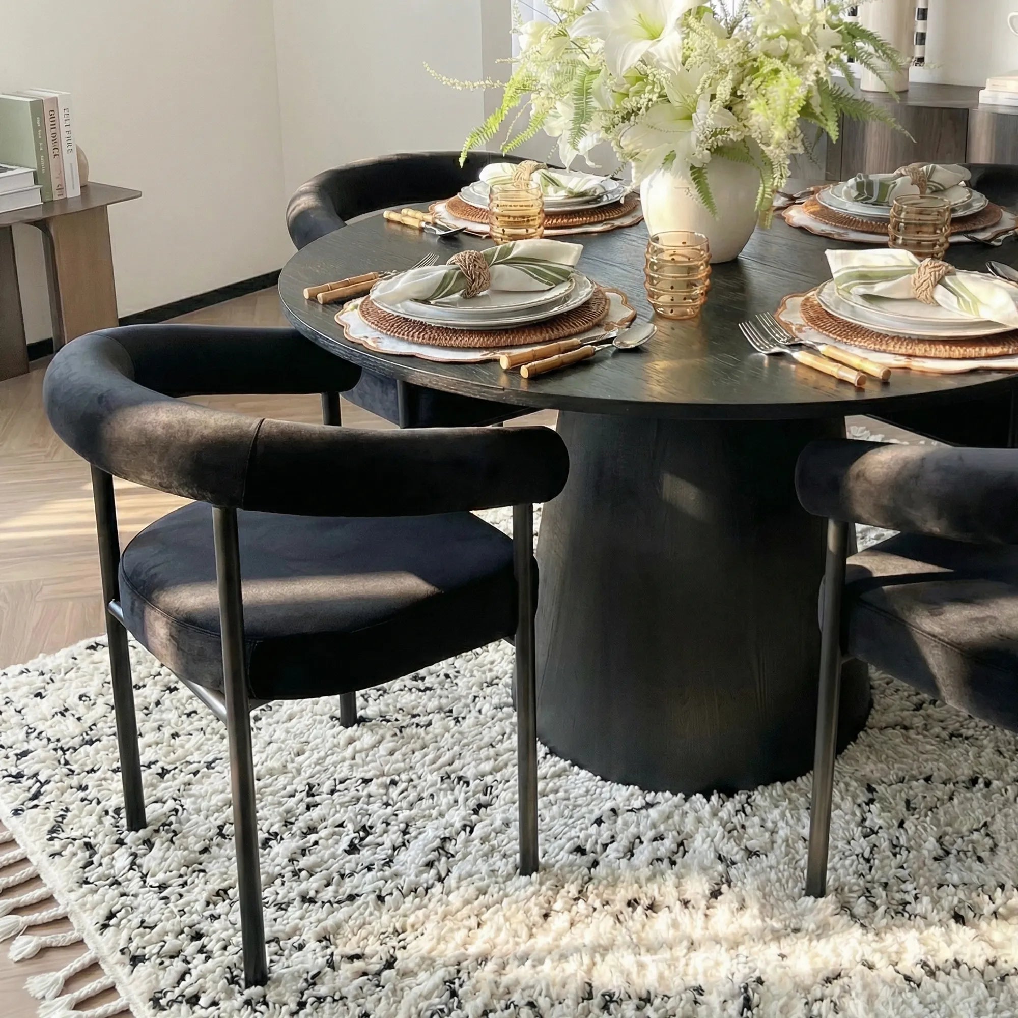Dwen & New York 46" Round Black & Velvet Dining Table Set for 4 (5-Piece)