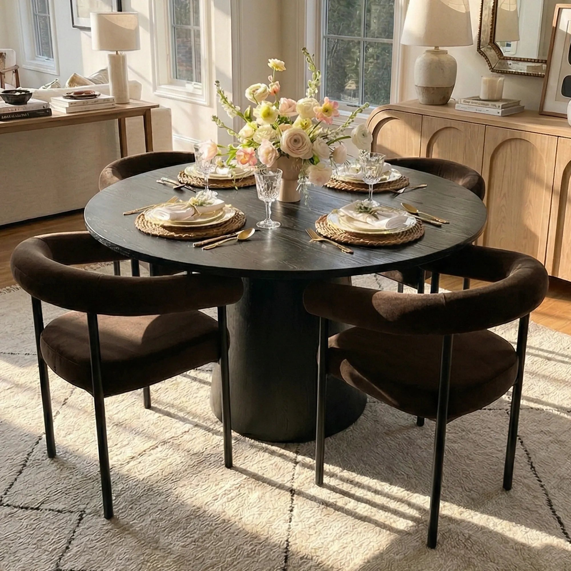 Dwen & New York 46" Round Black & Velvet Dining Table Set for 4 (5-Piece)
