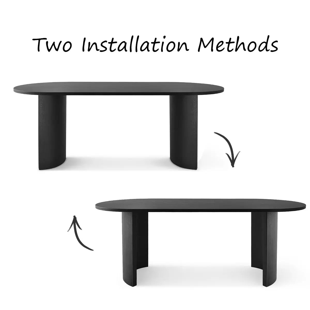 Dwen Modern Oval Dining Table installation methods shown, black finish. Dimension of Dwen Modern Oval Dining Table.