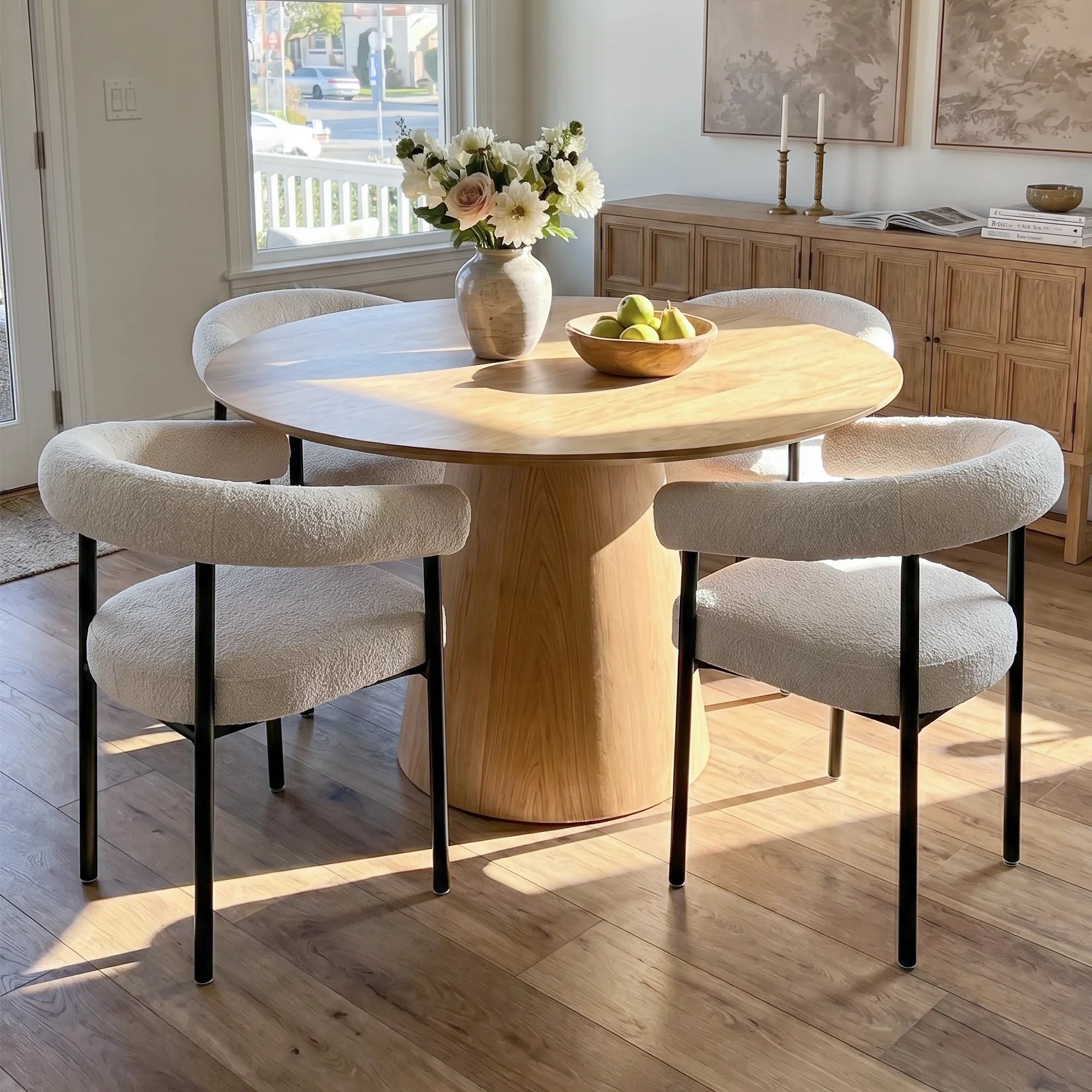 Dwen & New York 46" Round & Boucle Dining Table Set for 4 (5-Piece)