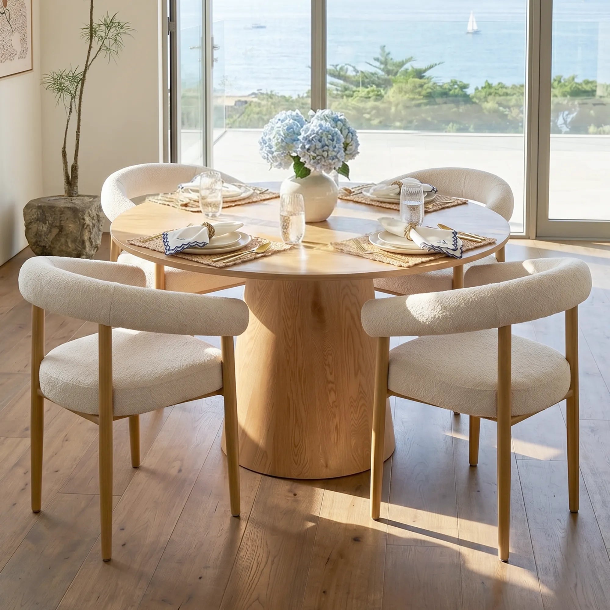 Dwen & Melbourne 46" Round & Boucle Dining Table Set for 4 (5-Piece)