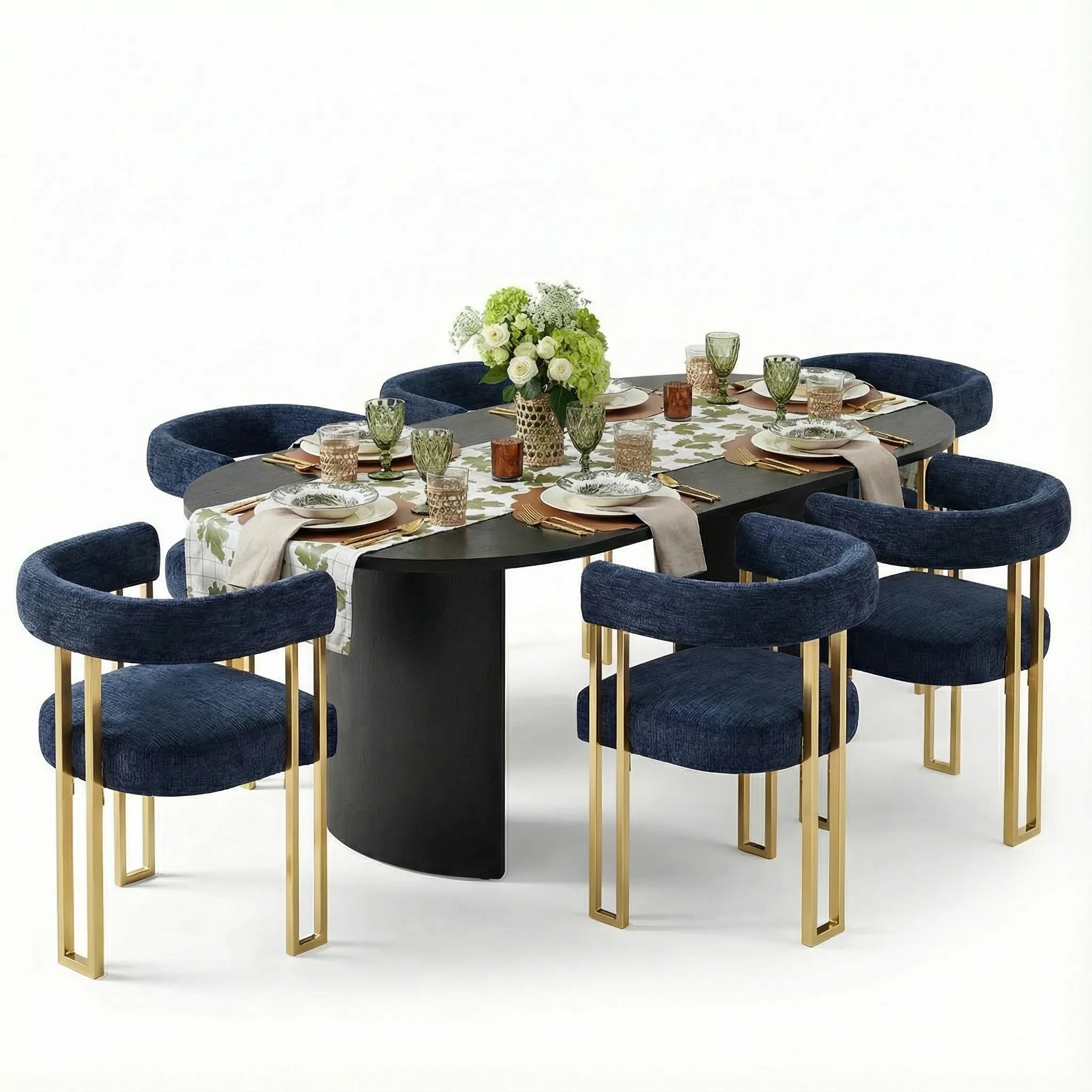 Dwen & Mia 79" Oval Chenille Dining Table Set for 6 (7-Piece)