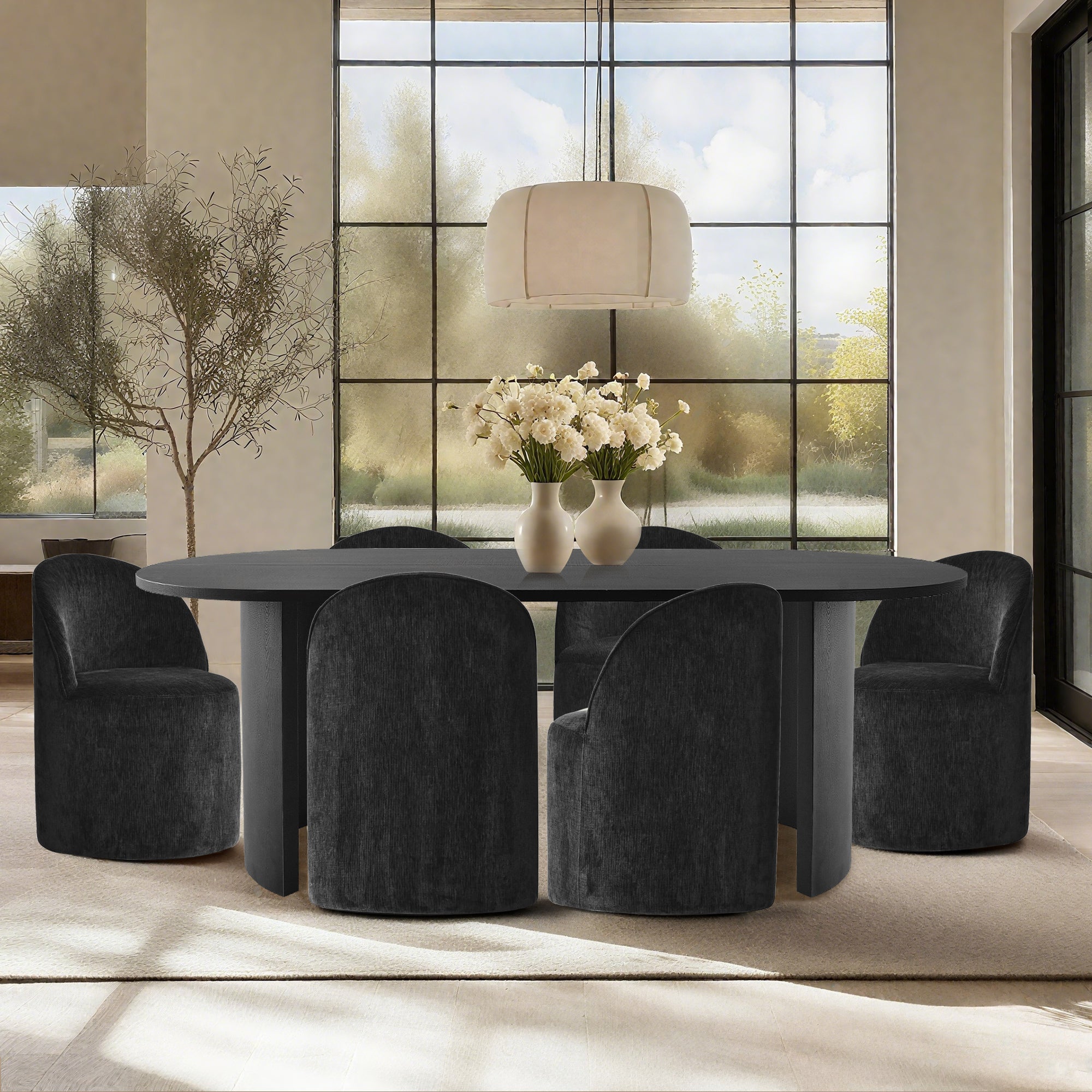 Dwen & Doris 79" Black Oval Dining Table Set for 6 (7-Piece)