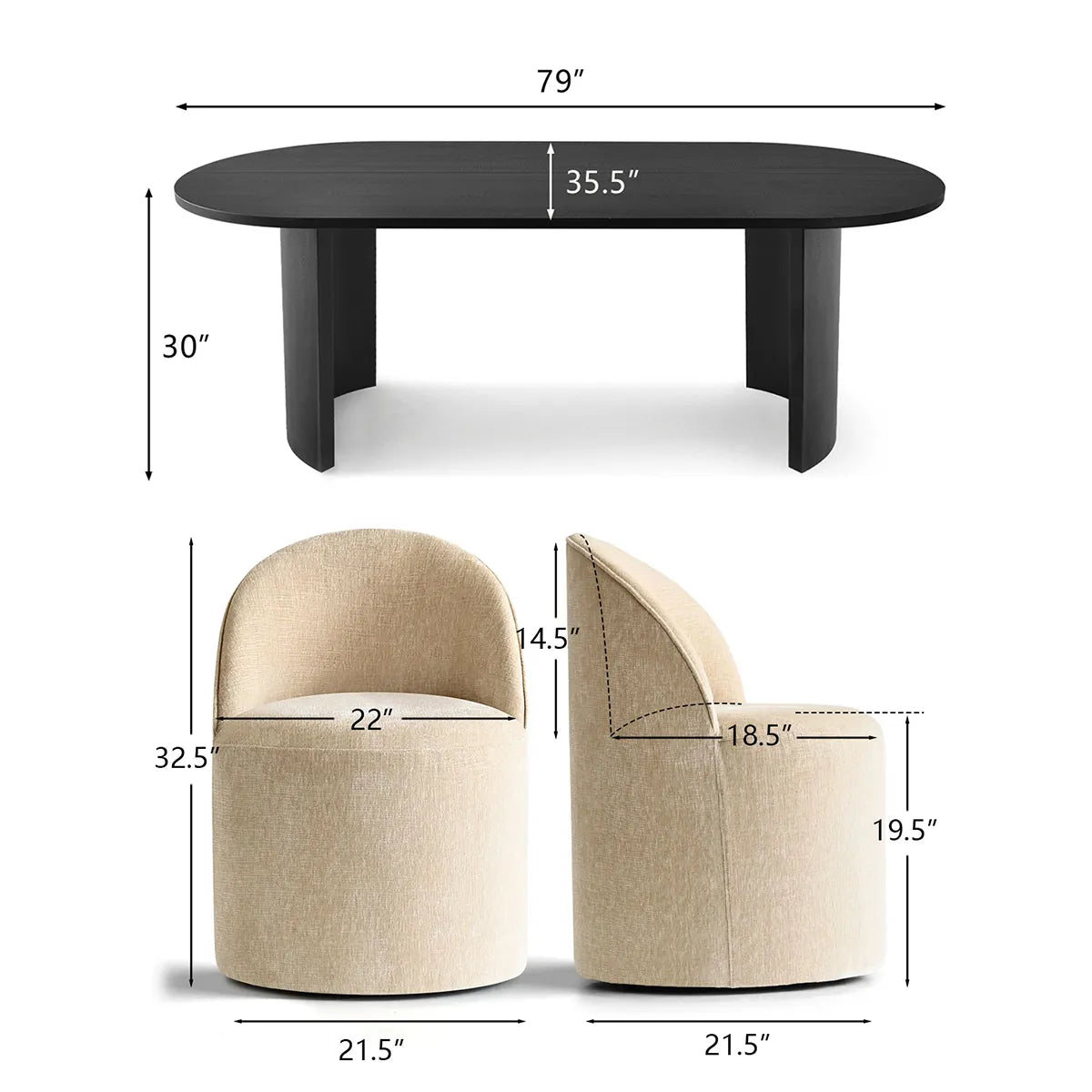 Dwen & Doris 79" Black Oval Dining Table Set for 6 (7-Piece)