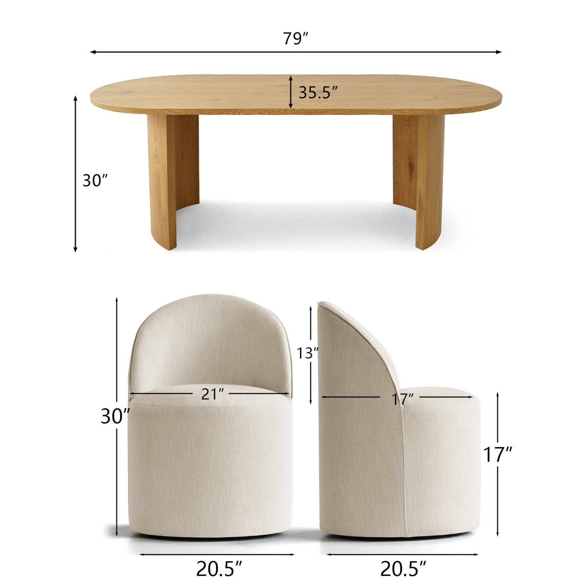 Dwen & Doris 79" Natural Oval Dining Table Set for 6 (7-Piece)