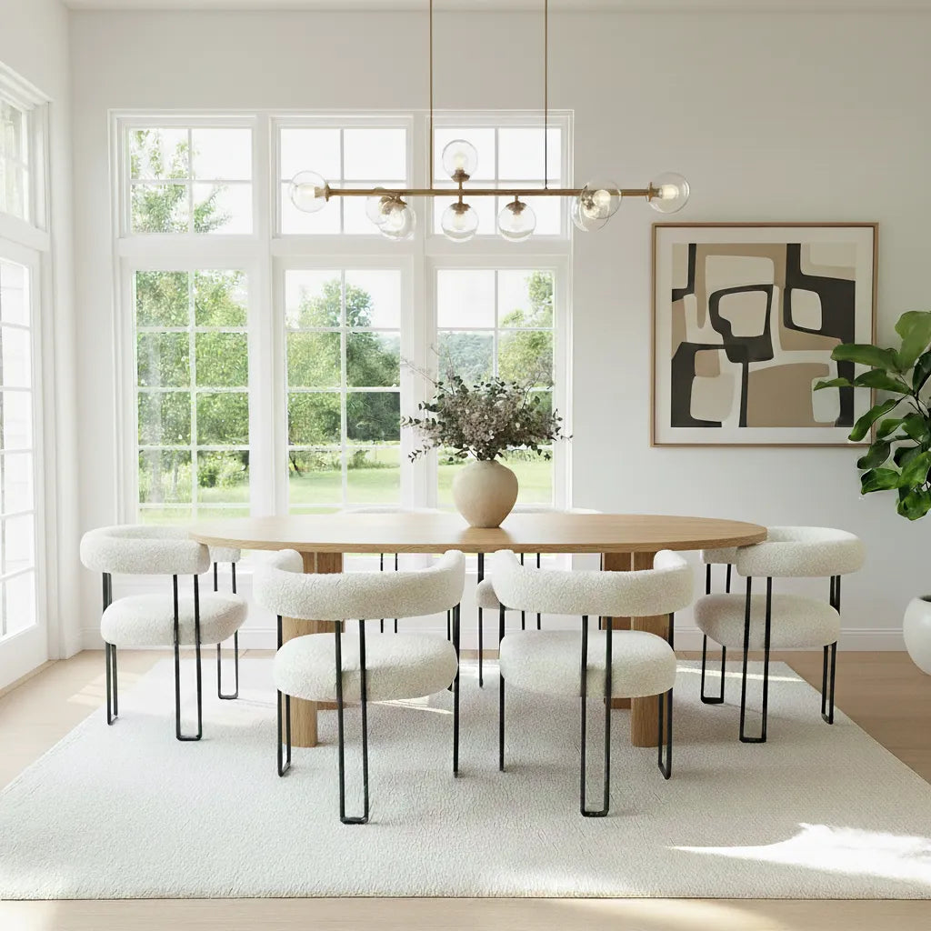 Dwen & Rola 79" Boucle Oval Dining Table Set for 6 (7-Piece)