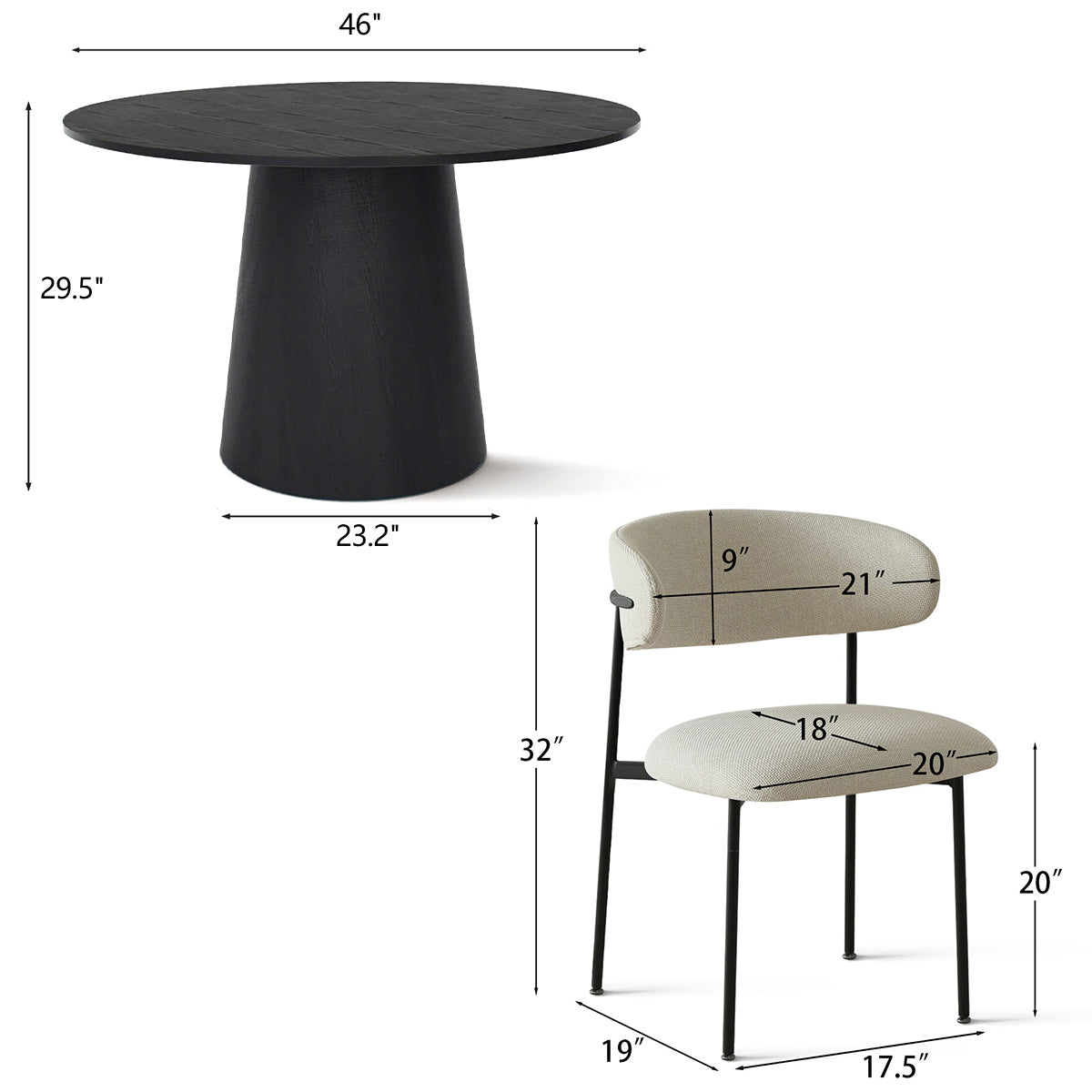 Dwen & Merida 46" Modern Black Round Dining Table Set for 4 (5-Piece)
