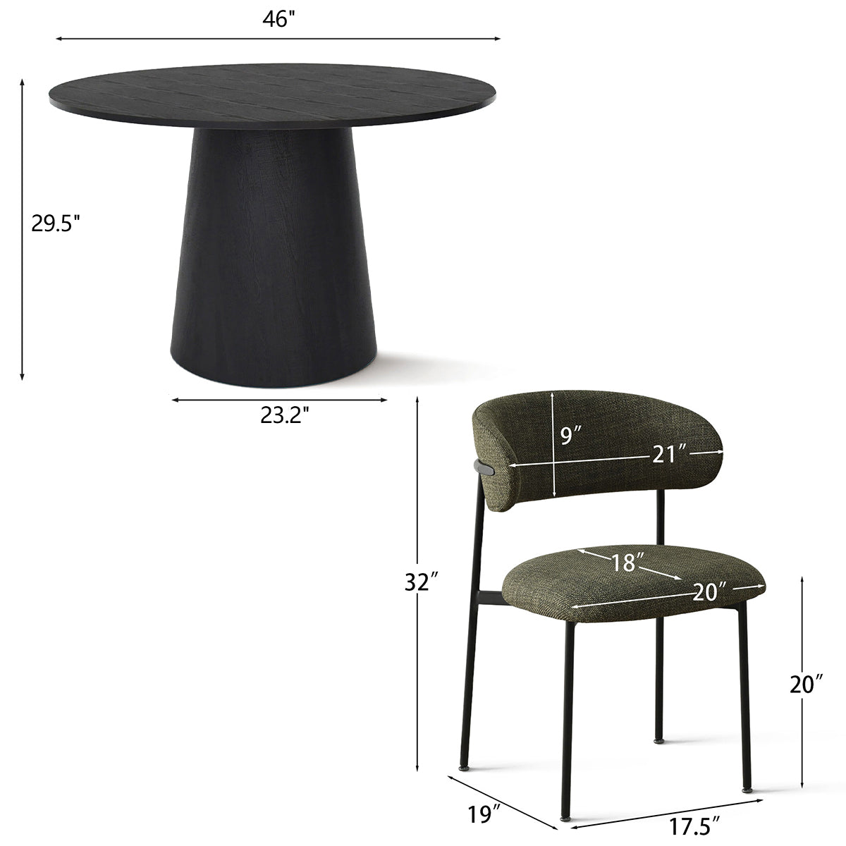 Dwen & Merida 46" Modern Black Round Dining Table Set for 4 (5-Piece)