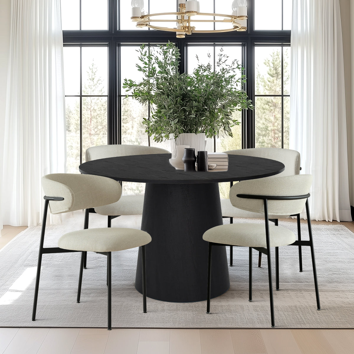 Dwen & Merida 46" Modern Black Round Dining Table Set for 4 (5-Piece)