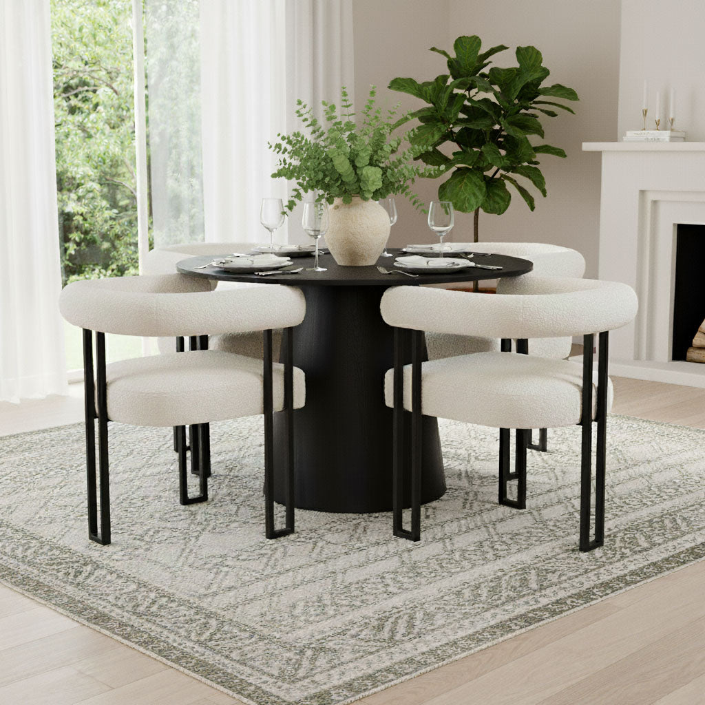 Dwen & Rola 46" Round Black & Boucle Dining Table Set for 4 (5-Piece)
