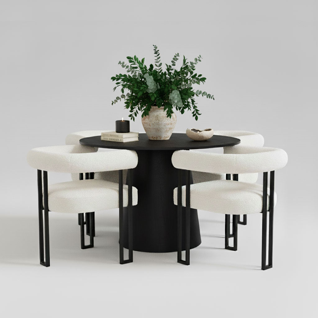 Dwen & Rola 46" Round Black & Boucle Dining Table Set for 4 (5-Piece)