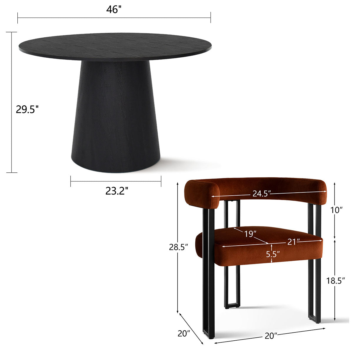 Dwen & Mia 46" Round Black & Velvet Dining Table Set for 4 (5-Piece)