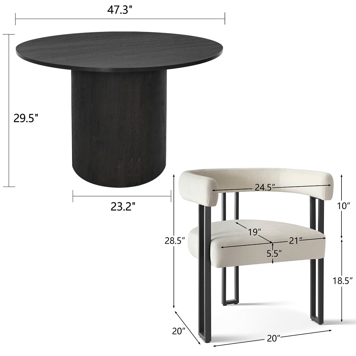Dwen & Mia 46" Round Black & Velvet Dining Table Set for 4 (5-Piece)
