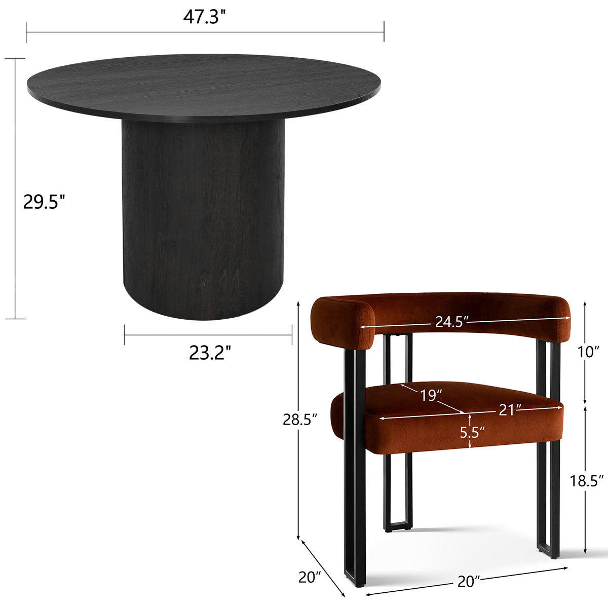 Dwen & Mia 46" Round Black & Velvet Dining Table Set for 4 (5-Piece)