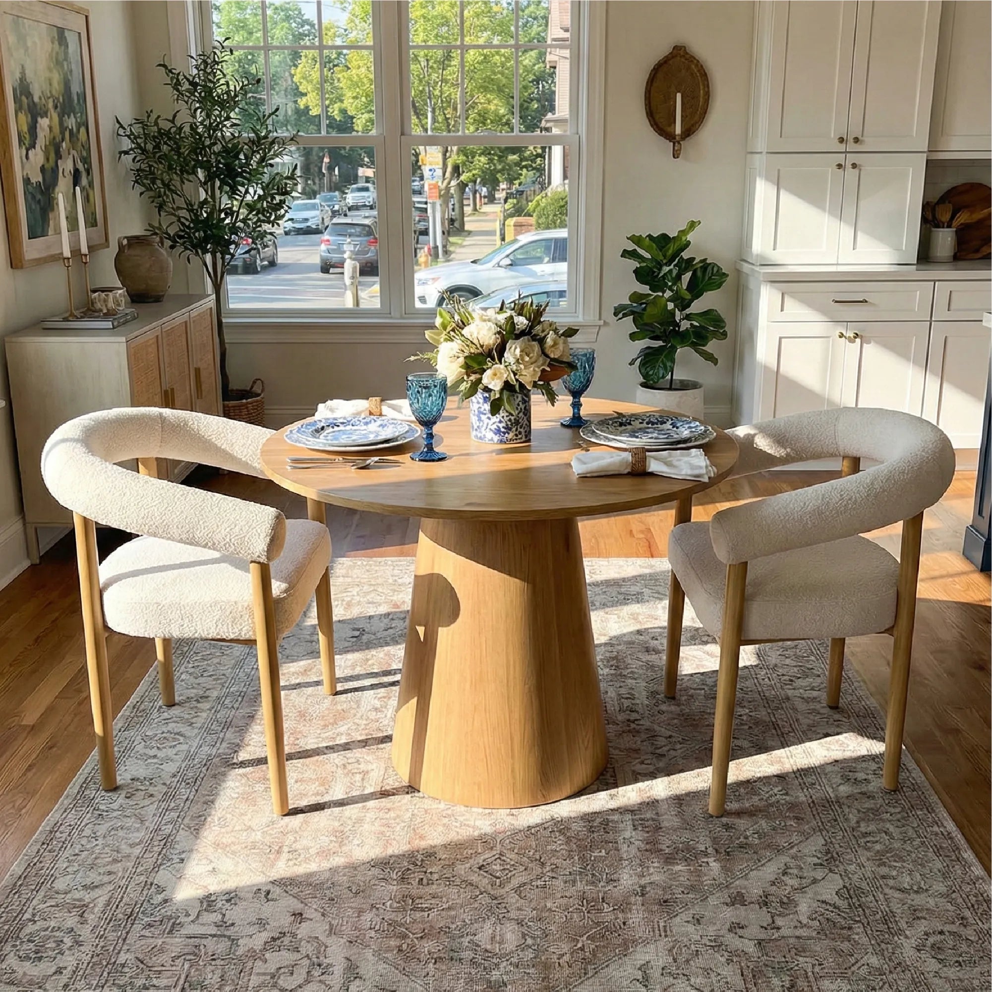 Dwen & Melbourne 35" Round & Boucle Dining Table Set for 2 (3-Piece)