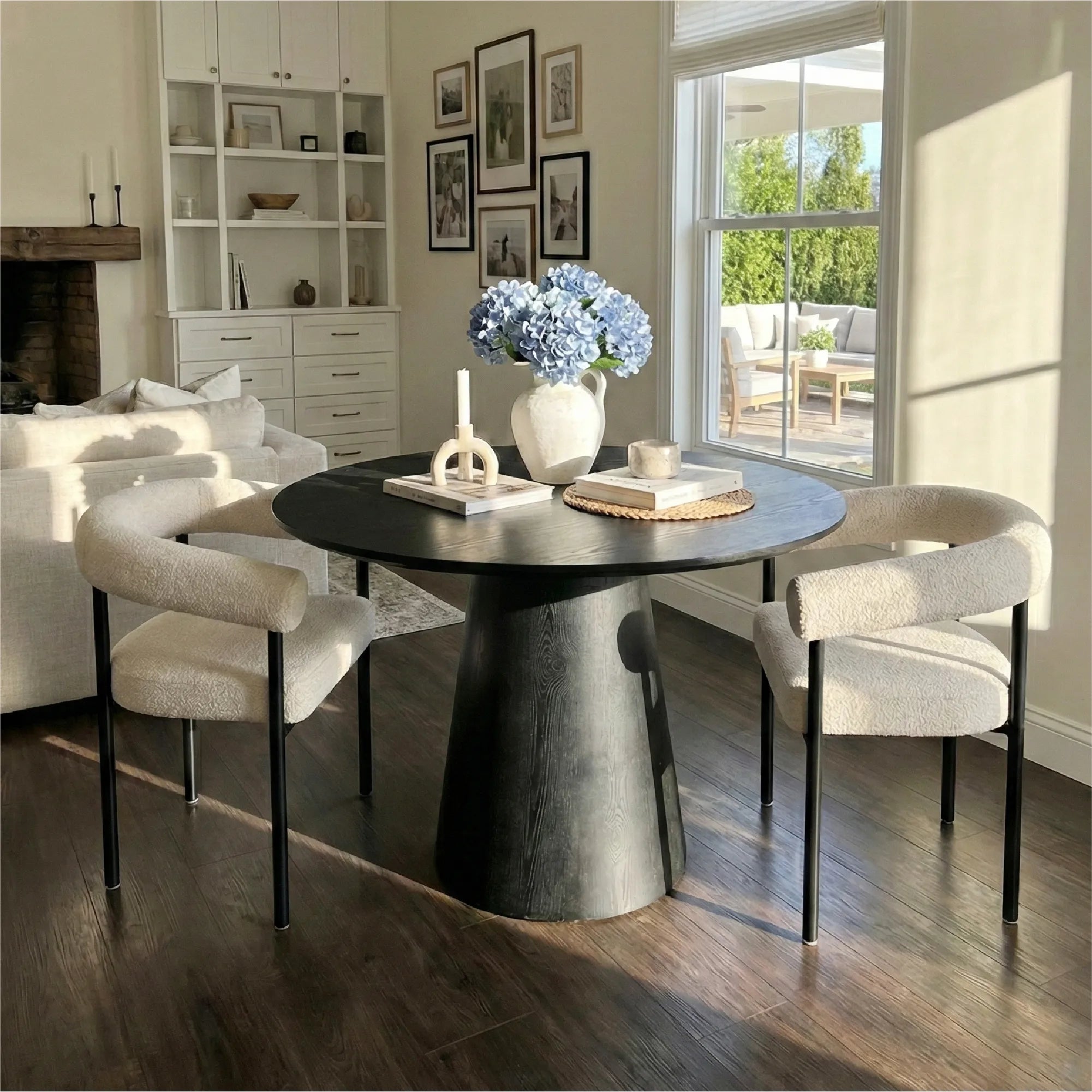 Dwen & New York 35" Round & Boucle Dining Table Set for 2 (3-Piece)