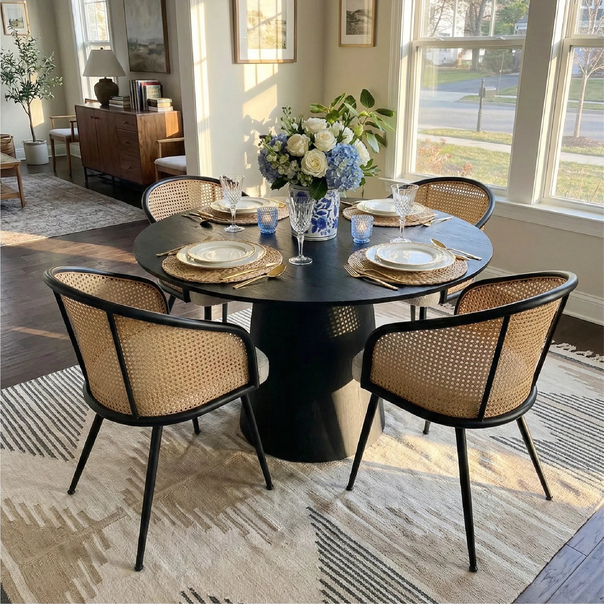 Dwen & Jules 46" Round Rattan Dining Table Set for 4 (5-Piece)